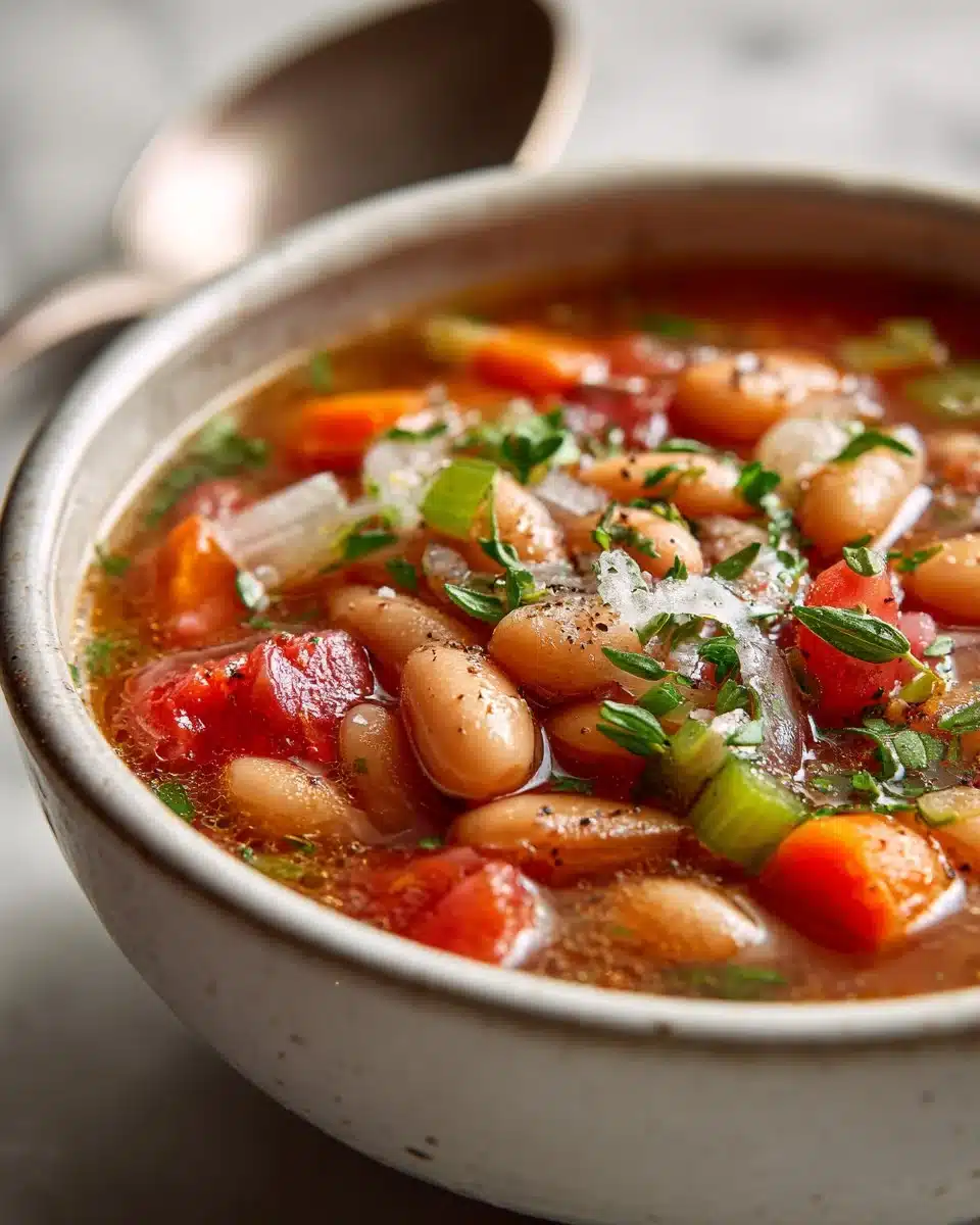 A bowl of hearty 15 bean soup garnished with fresh herbs.