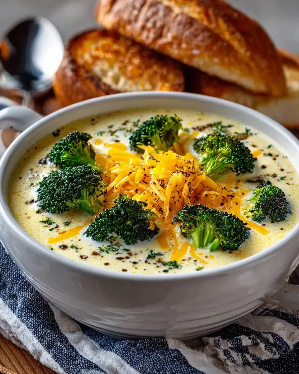 Bowl of creamy broccoli cheese soup ready in 20 minutes