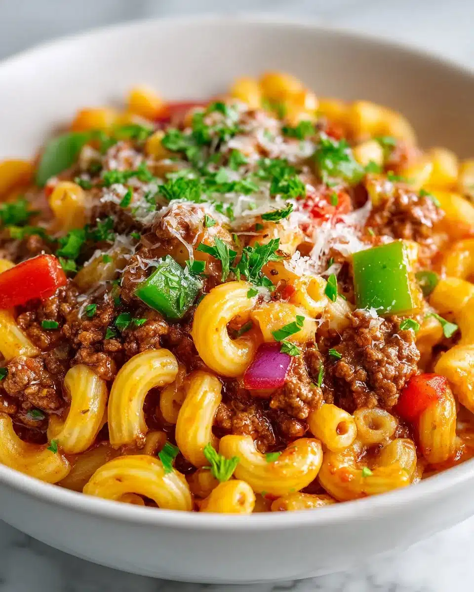 Delicious American Goulash served in a bowl with pasta, meat, and sauce.