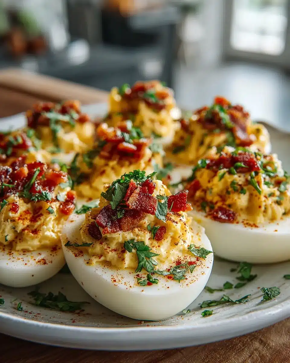 Bacon Jalapeño Deviled Eggs on a platter, garnished with jalapeño slices.