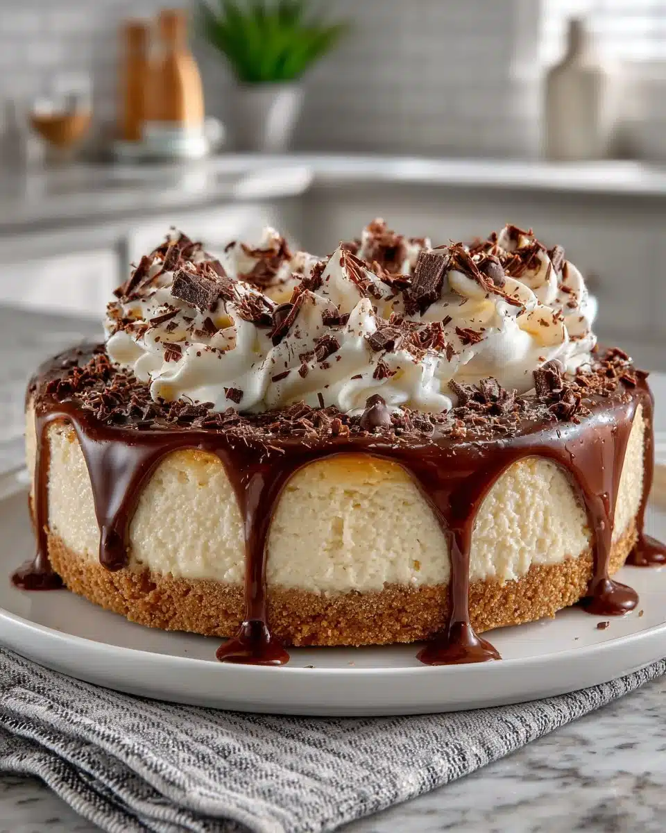Decadent Baileys Irish Cream cheesecake topped with chocolate drizzle
