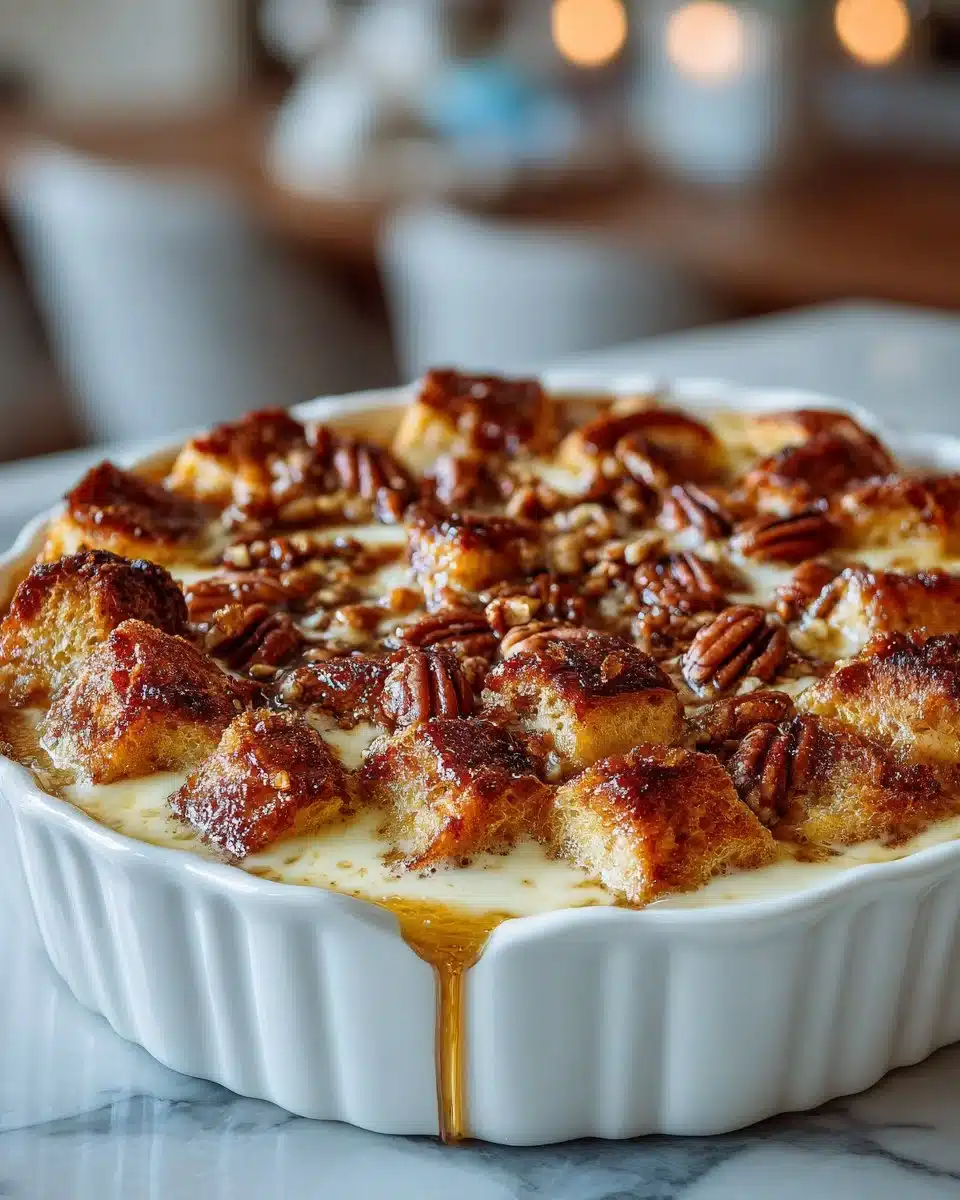 Baked French Toast Casserole topped with praline for a sweet brunch dish
