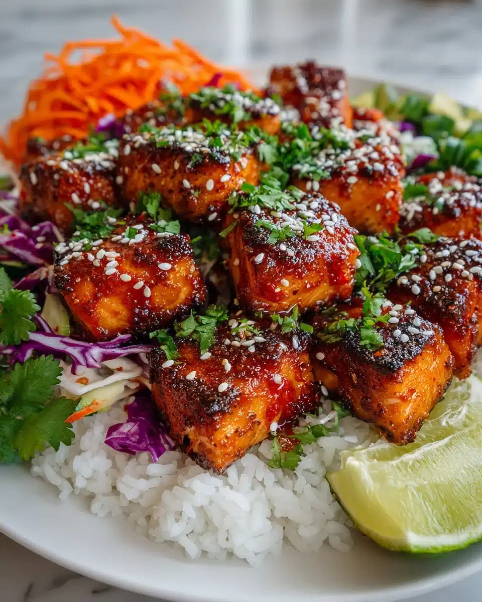 Crispy Bang Bang Salmon Bites served on a plate with dipping sauce