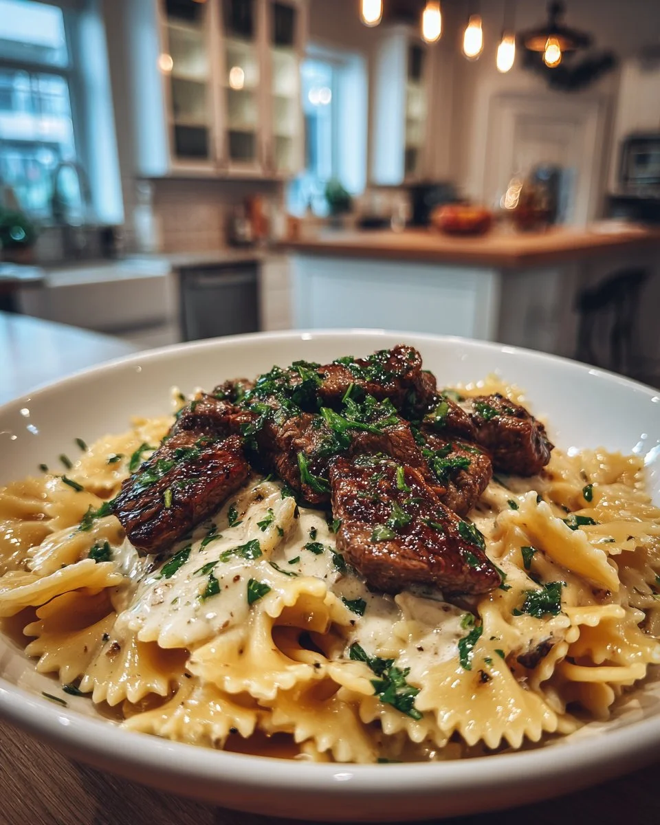 Beef and Bowtie Pasta with Alfredo Sauce Beef and Bowtie Pasta with Alfredo Sauce