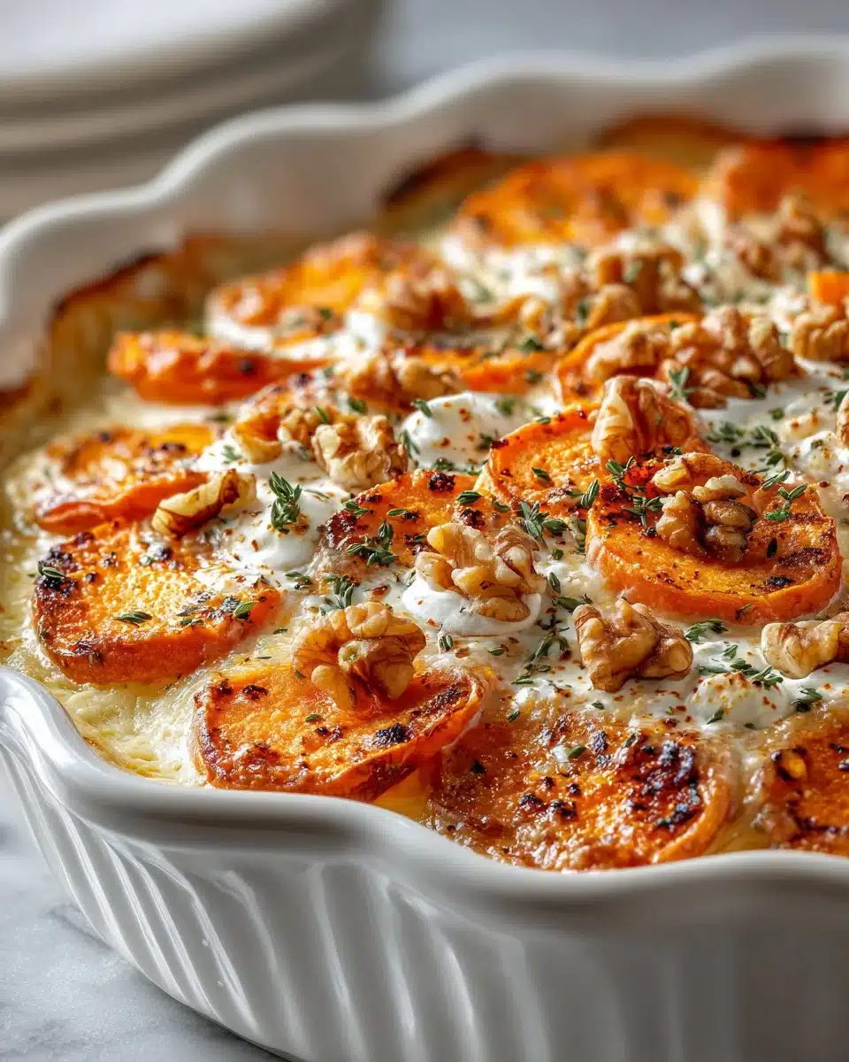 Deliciously baked scalloped sweet potatoes in a creamy sauce