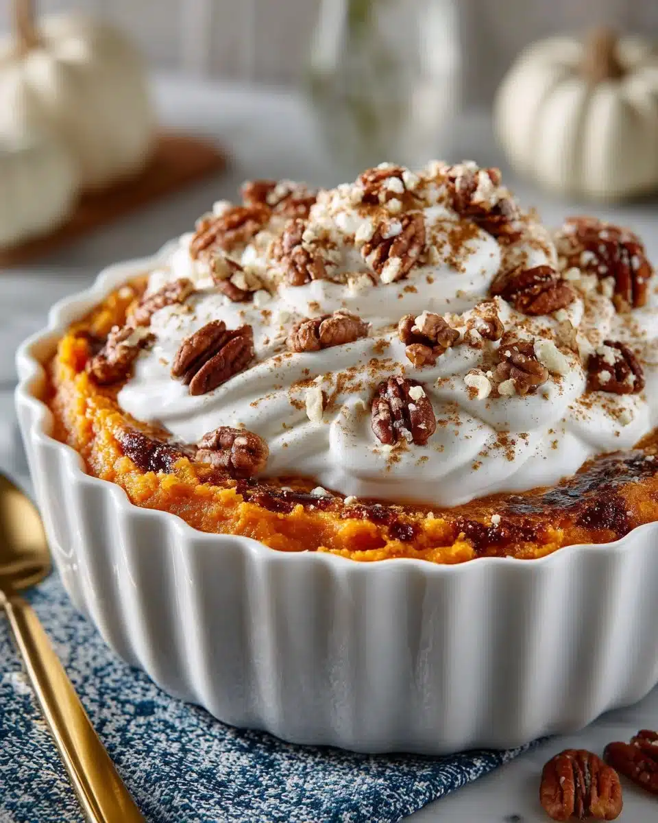 Delicious best sweet potato casserole topped with marshmallows and pecans.