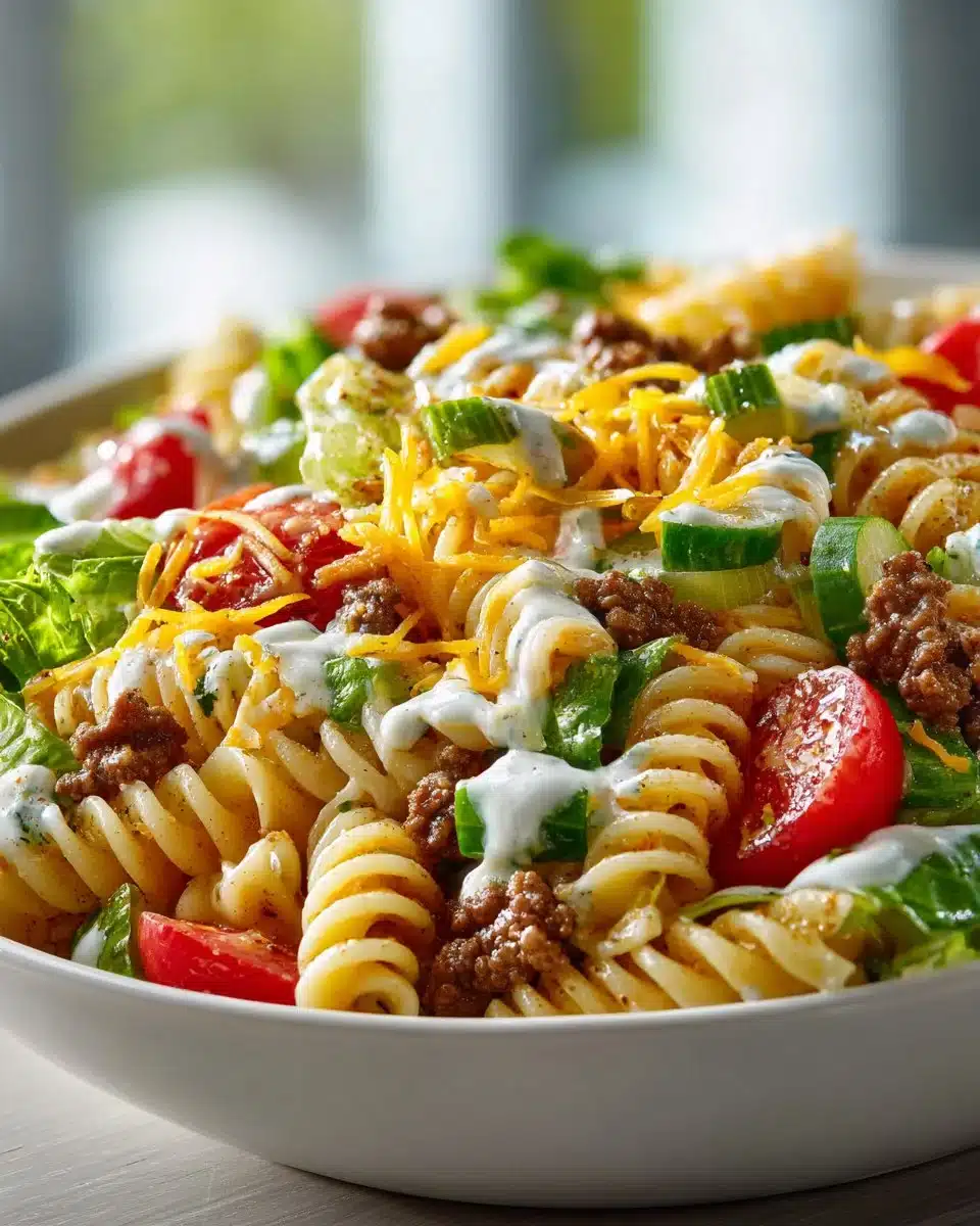 Delicious Big Mac Pasta Salad with cheese, pickles, and dressing in a bowl