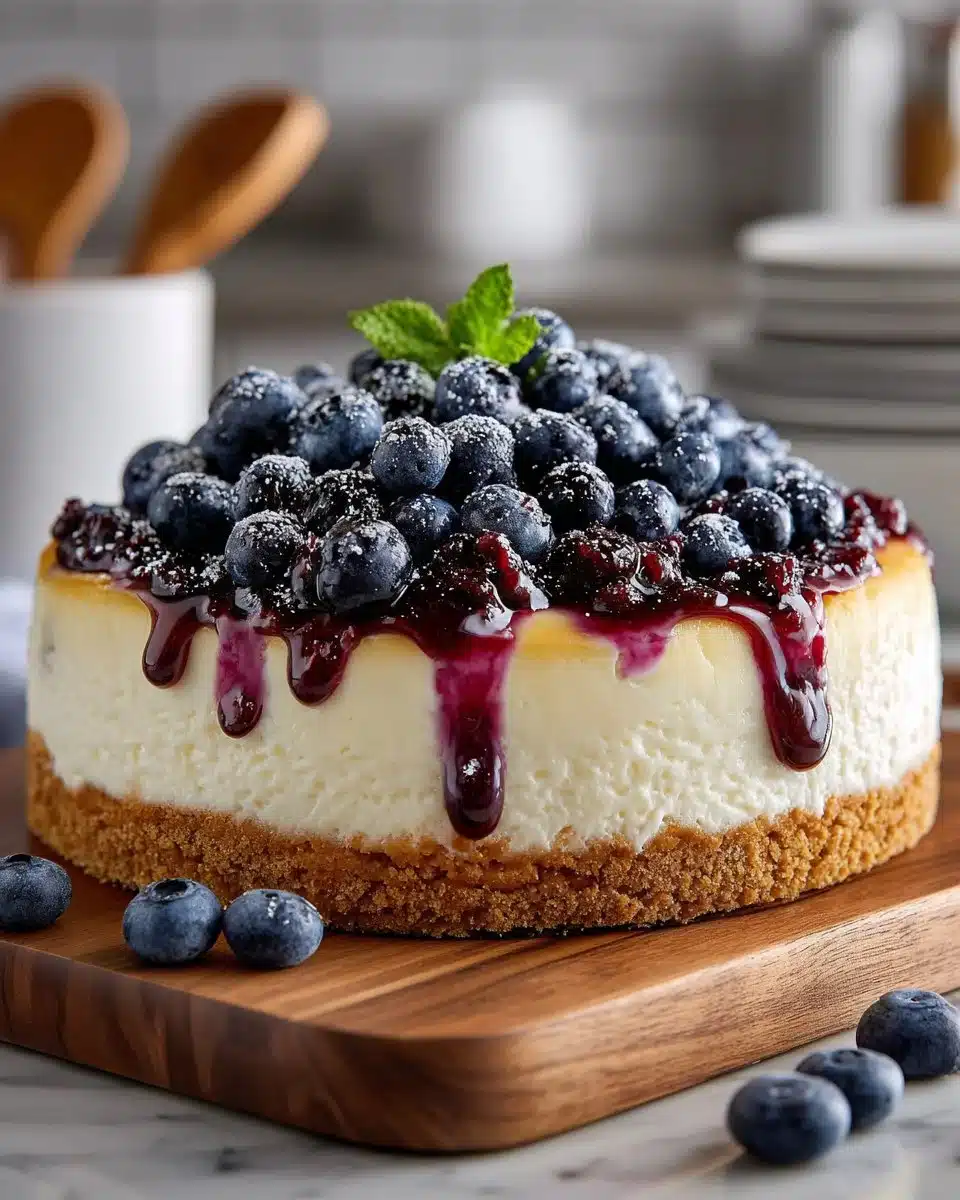 Delicious blueberry swirl cheesecake topped with fresh blueberries