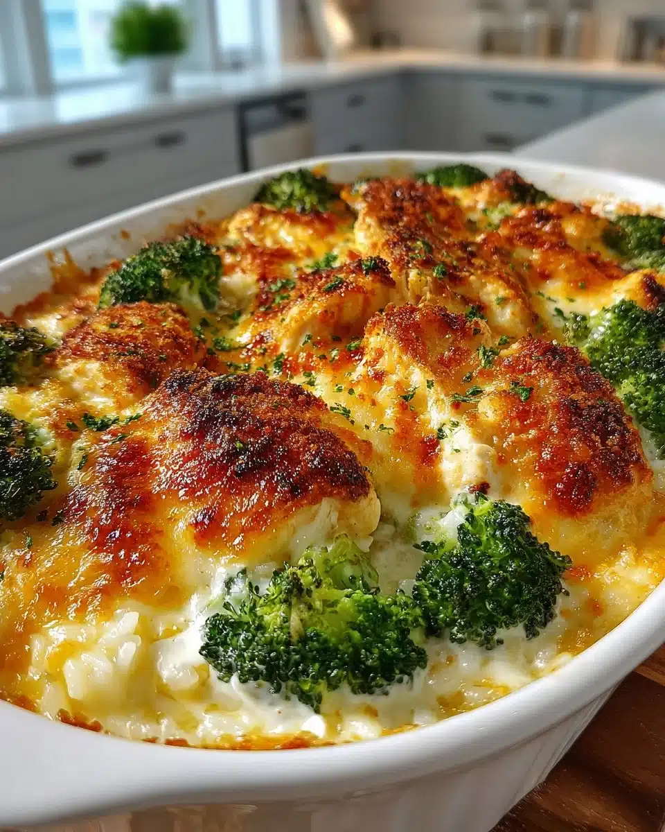 Broccoli, rice, cheese, and chicken casserole in a baking dish.