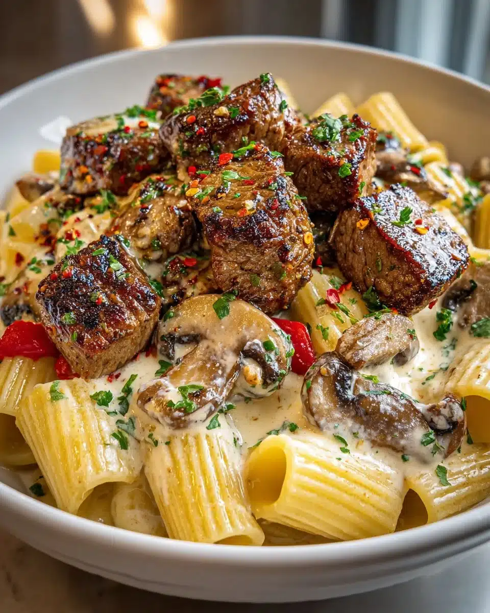 Cajun Steak Tips served with creamy Parmesan Rigatoni garnished with herbs