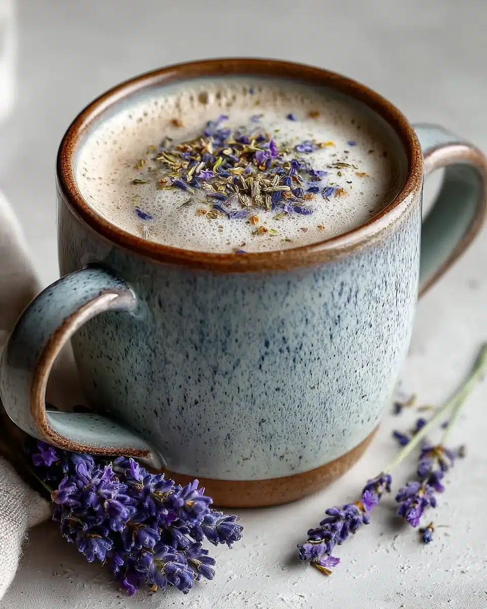 A calming lavender chamomile latte served in a cozy cup with flowers
