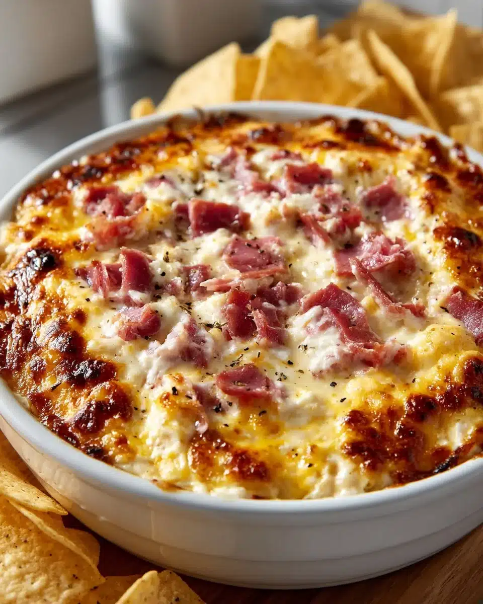 Delicious cheesy hot Reuben dip served in a bowl