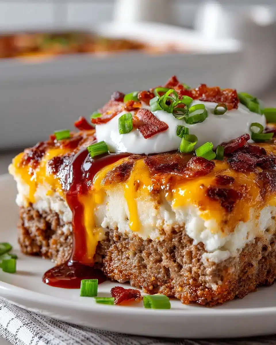 Cheesy loaded meatloaf casserole baked until golden and topped with melted cheese
