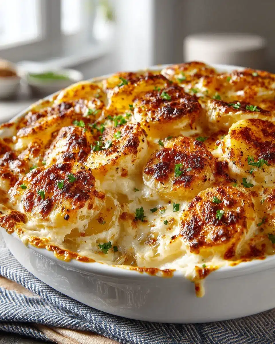 Cheesy scalloped potatoes baked to perfection, topped with melted cheese