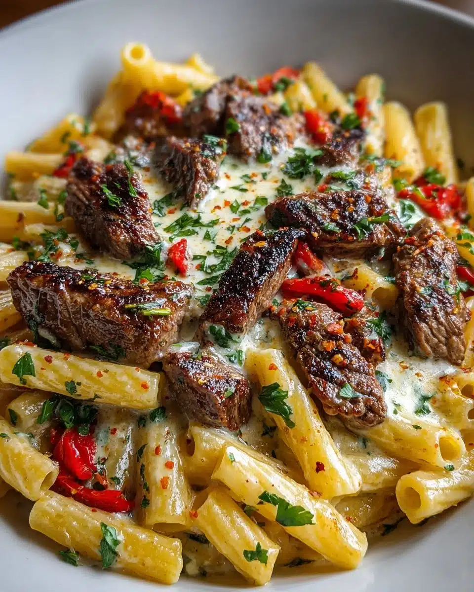 Cheesy spicy Cajun steak and pasta skillet dish with vibrant colors and textures