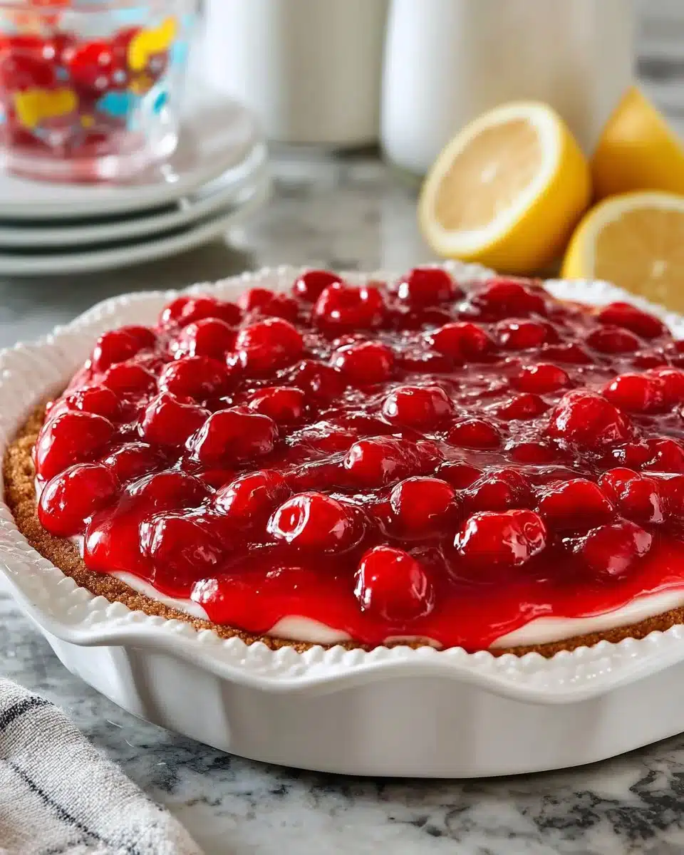 Creamy cherry cheesecake dip served in a bowl, garnished with fresh cherries.