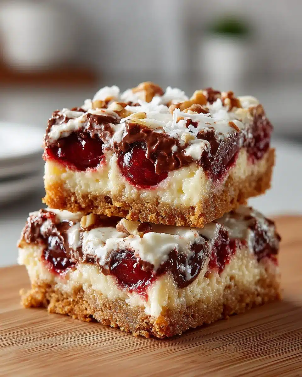 Delicious Cherry Coconut Magic Bars topped with cherries and coconut flakes