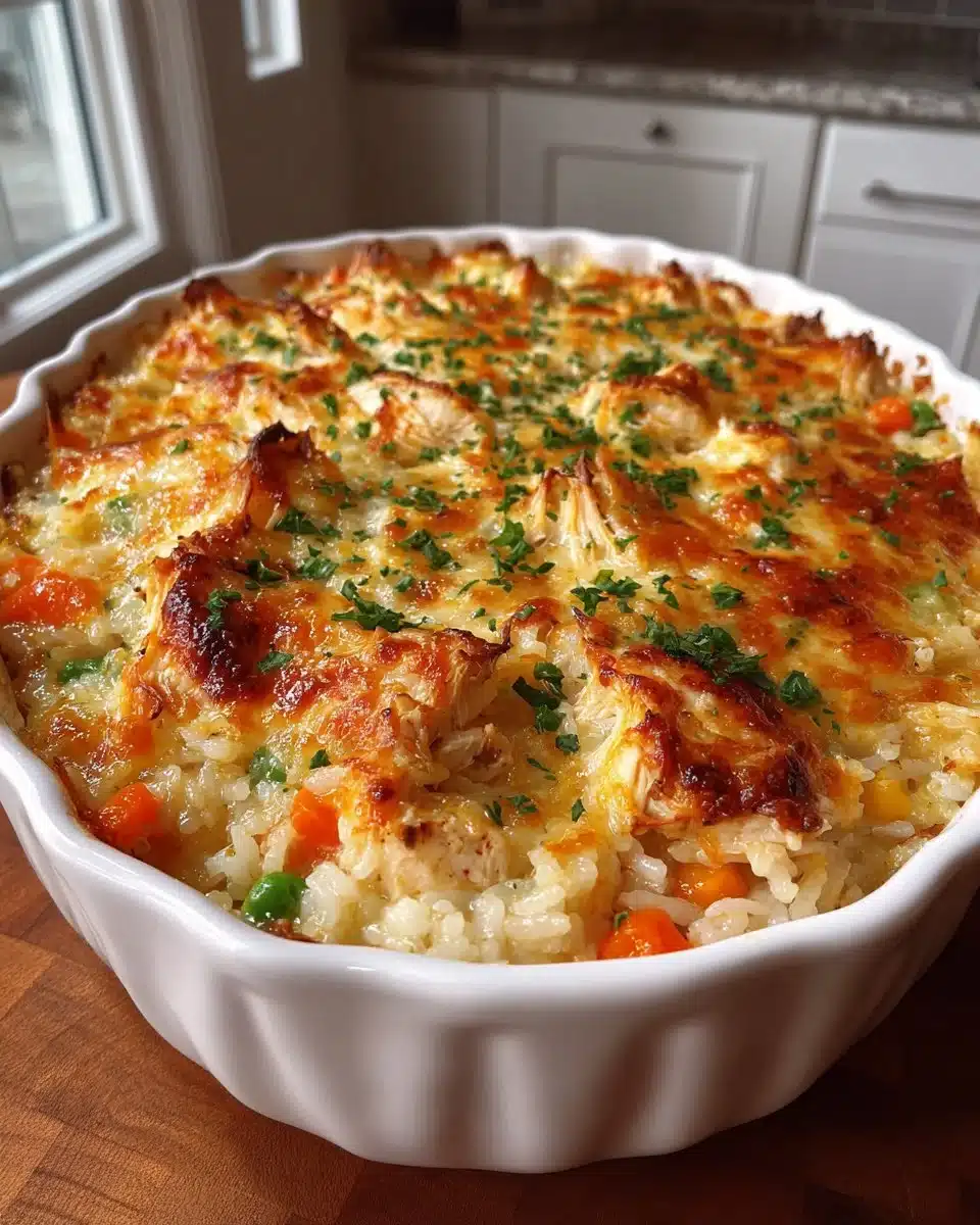 Delicious Chicken Rice Casserole topped with herbs and spices