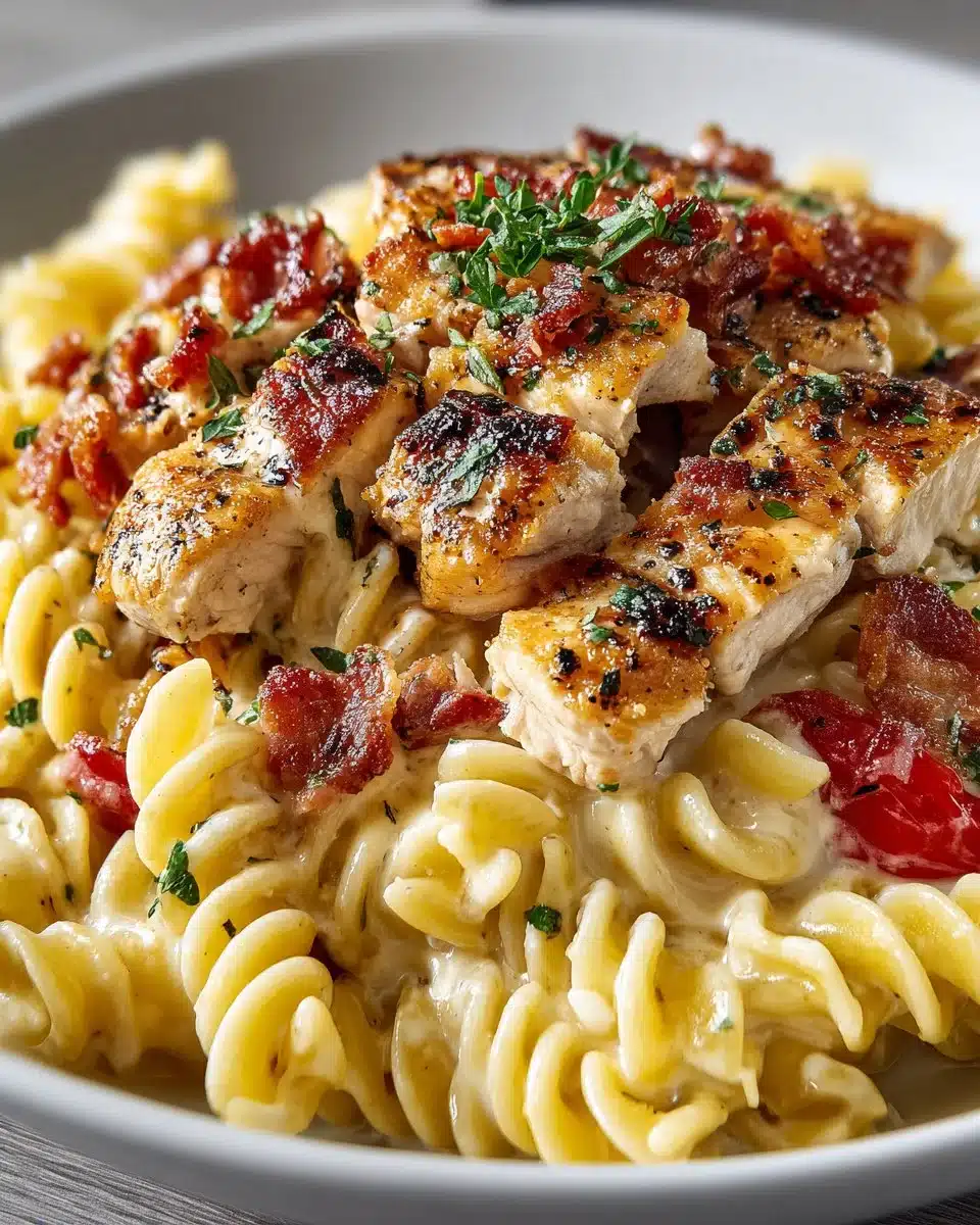 Creamy Chicken Bacon Ranch Pasta dish garnished with herbs