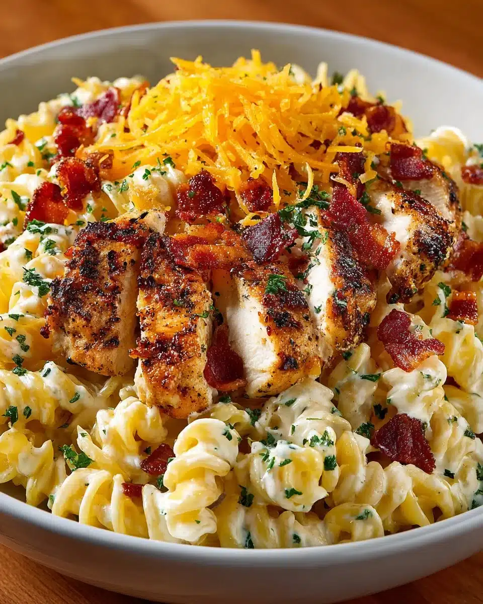 Creamy Chicken Bacon Ranch Pasta with crispy bacon and herbs