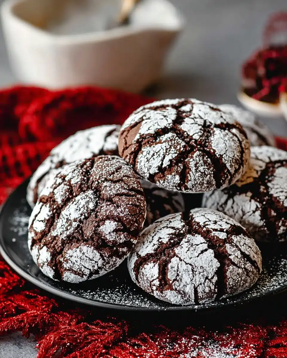 Freshly baked chocolate crinkle cookies dusted with powdered sugar