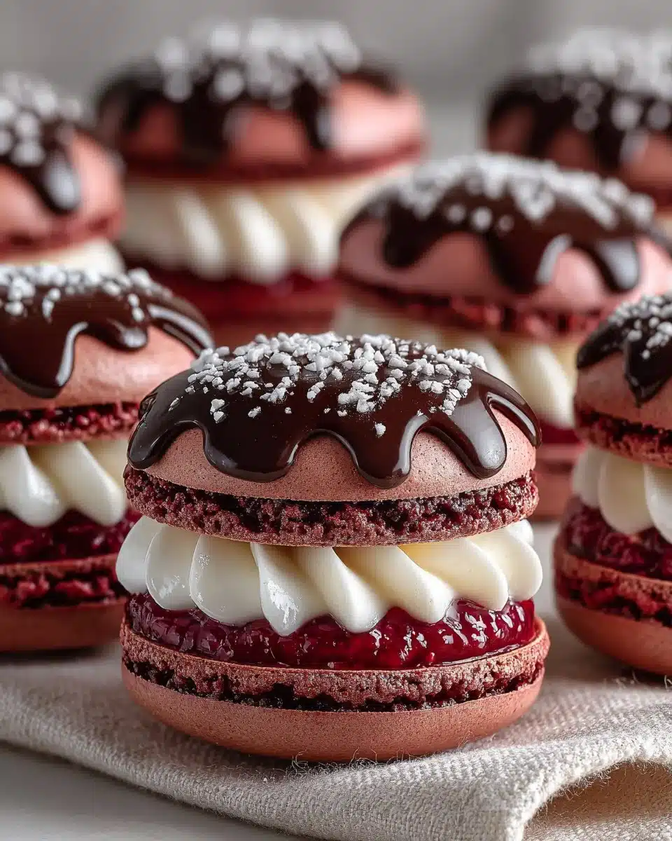 Chocolate-dipped raspberry macarons on a decorative plate