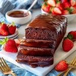 Deliciously rich chocolate pound cake on a rustic wooden table