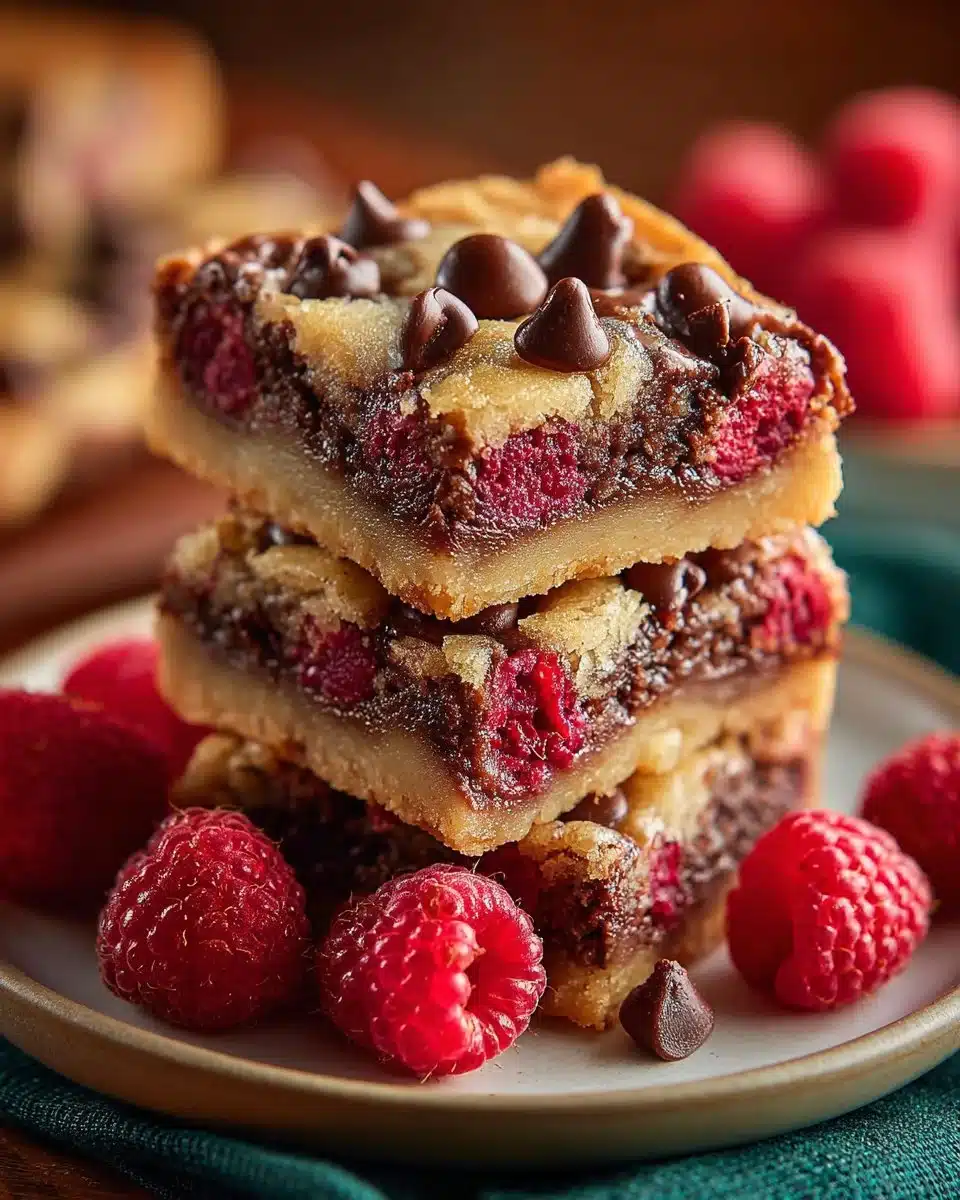 Deliciously layered Chocolate Raspberry Crumb Bars with rich chocolate and raspberries