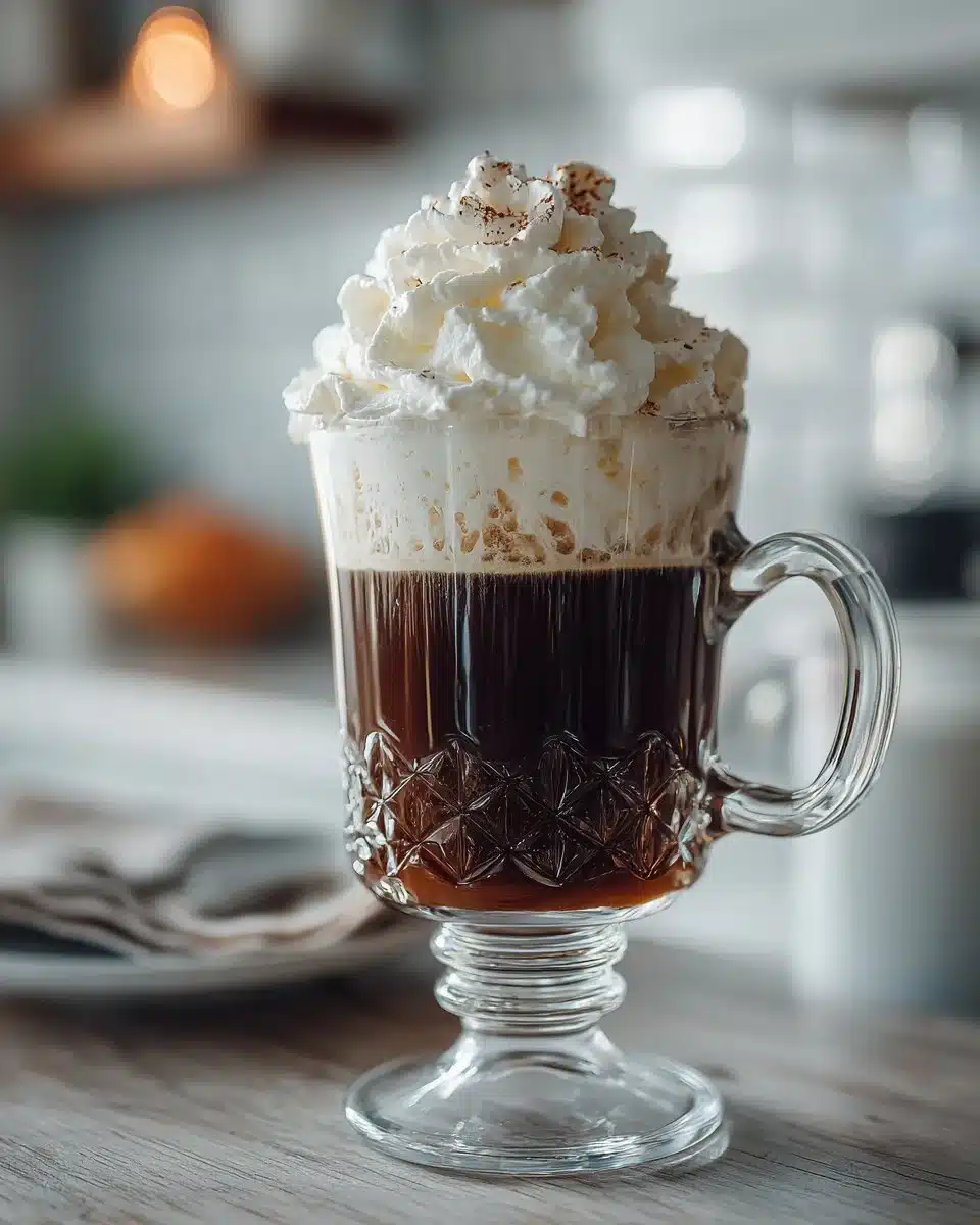 A steaming cup of Classic Irish Coffee topped with whipped cream and coffee beans.