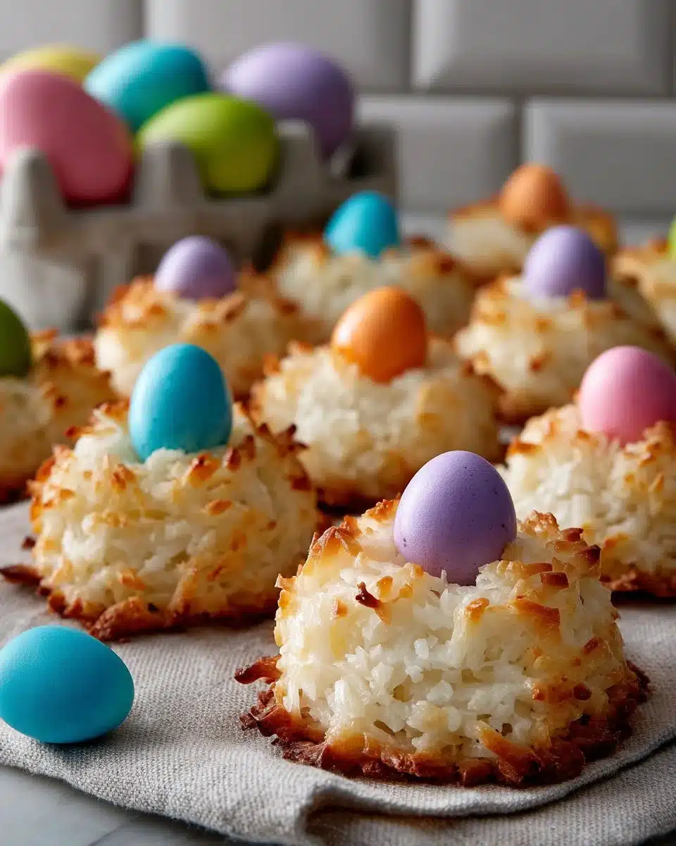 Coconut Macaroon Nests topped with Mini Cadbury Eggs for a festive treat.