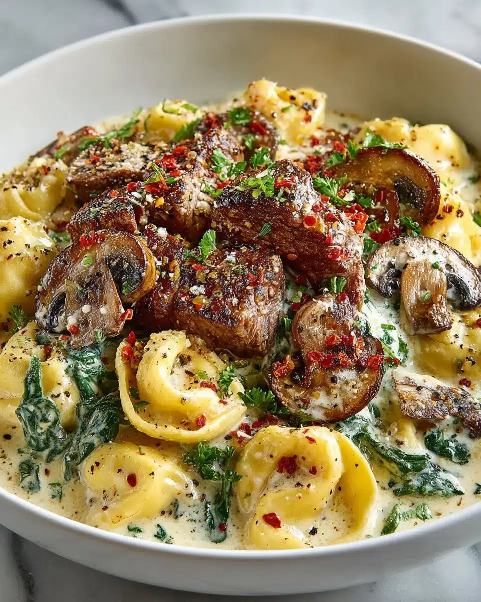 Delicious Cracked Garlic Steak Tortellini in creamy sauce for a gourmet dish