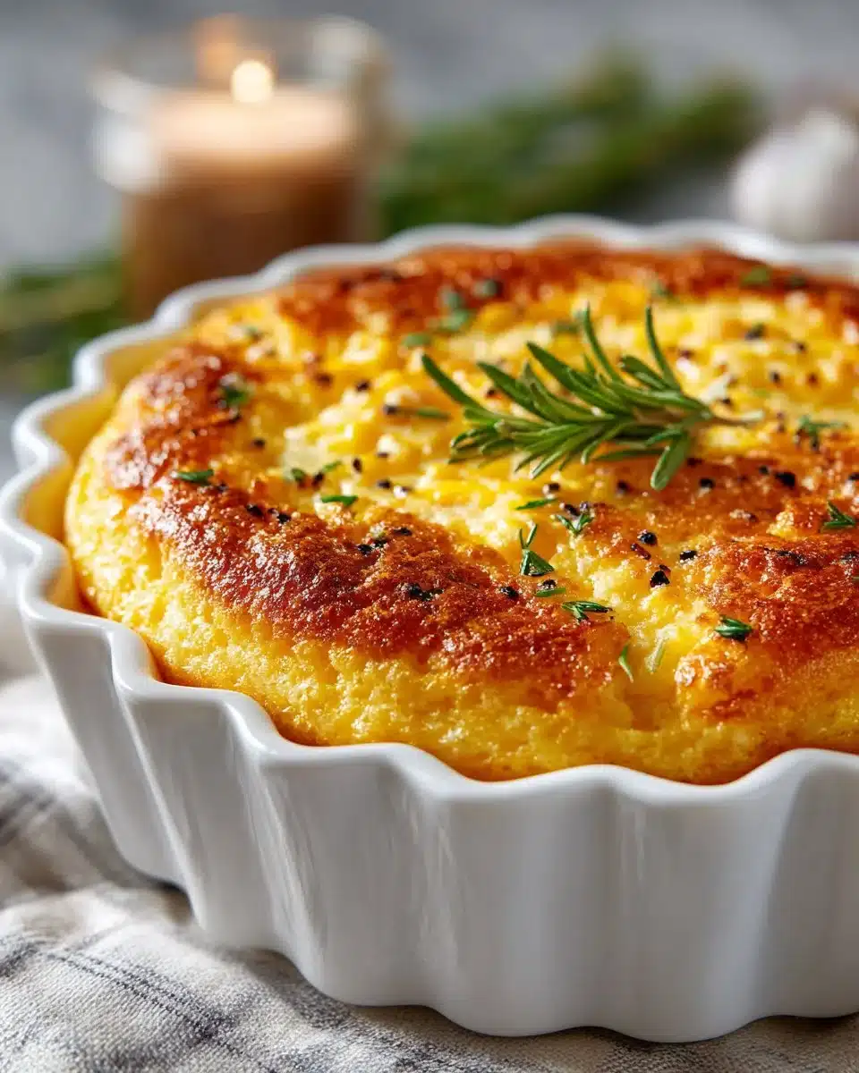 Creamy corn casserole served in a dish, garnished and ready to enjoy.