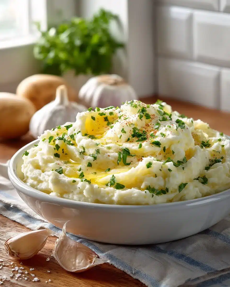 Delicious creamy garlic mashed potatoes served in a bowl.
