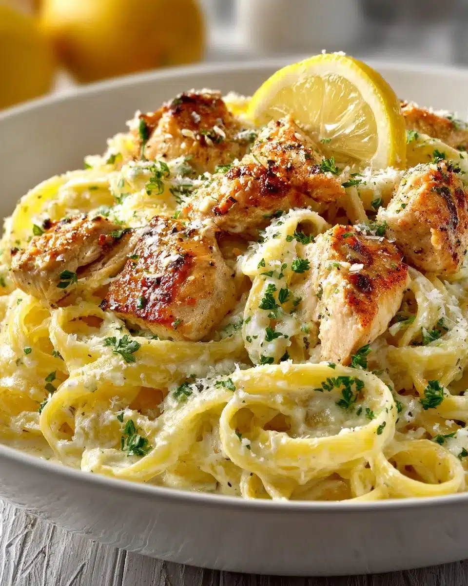 Creamy lemon garlic chicken pasta served in a bowl garnished with herbs.