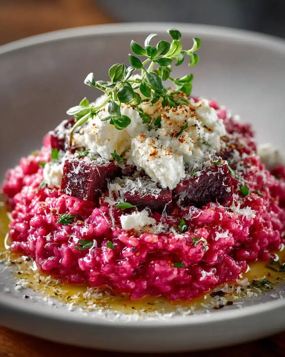 Creamy Pink Beet Risotto topped with Goat Cheese Crumble served in a bowl
