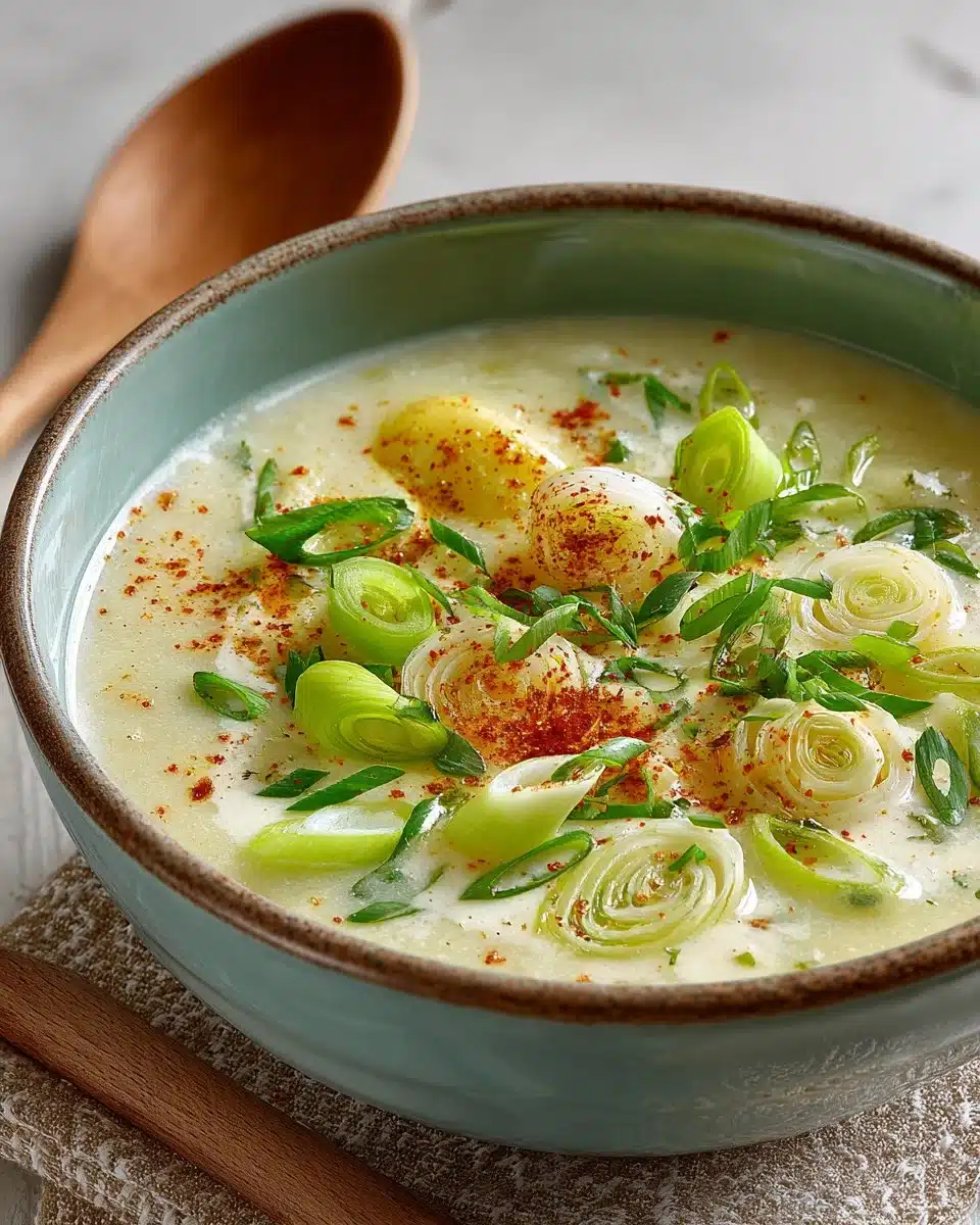 Bowl of creamy potato leek soup garnished with fresh herbs