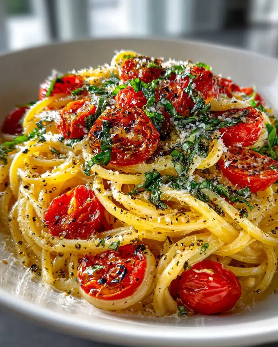 A bowl of creamy tomato garlic pasta garnished with fresh herbs.