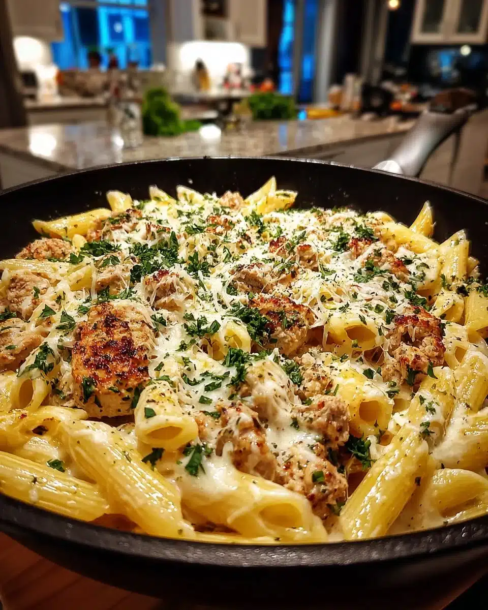 Creamy turkey pasta dish served with herbs and cheese.