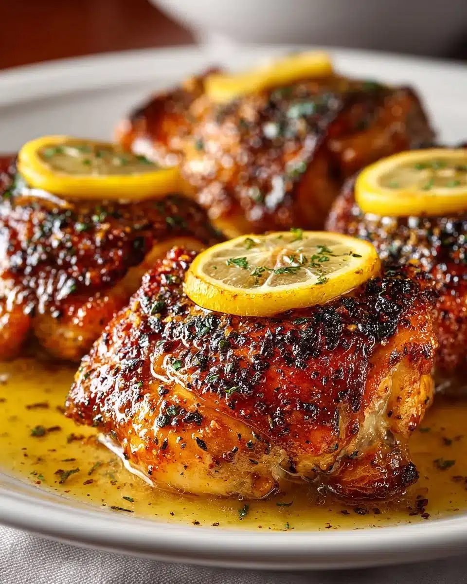 Crispy honey lemon chicken thighs served on a plate garnished with herbs.
