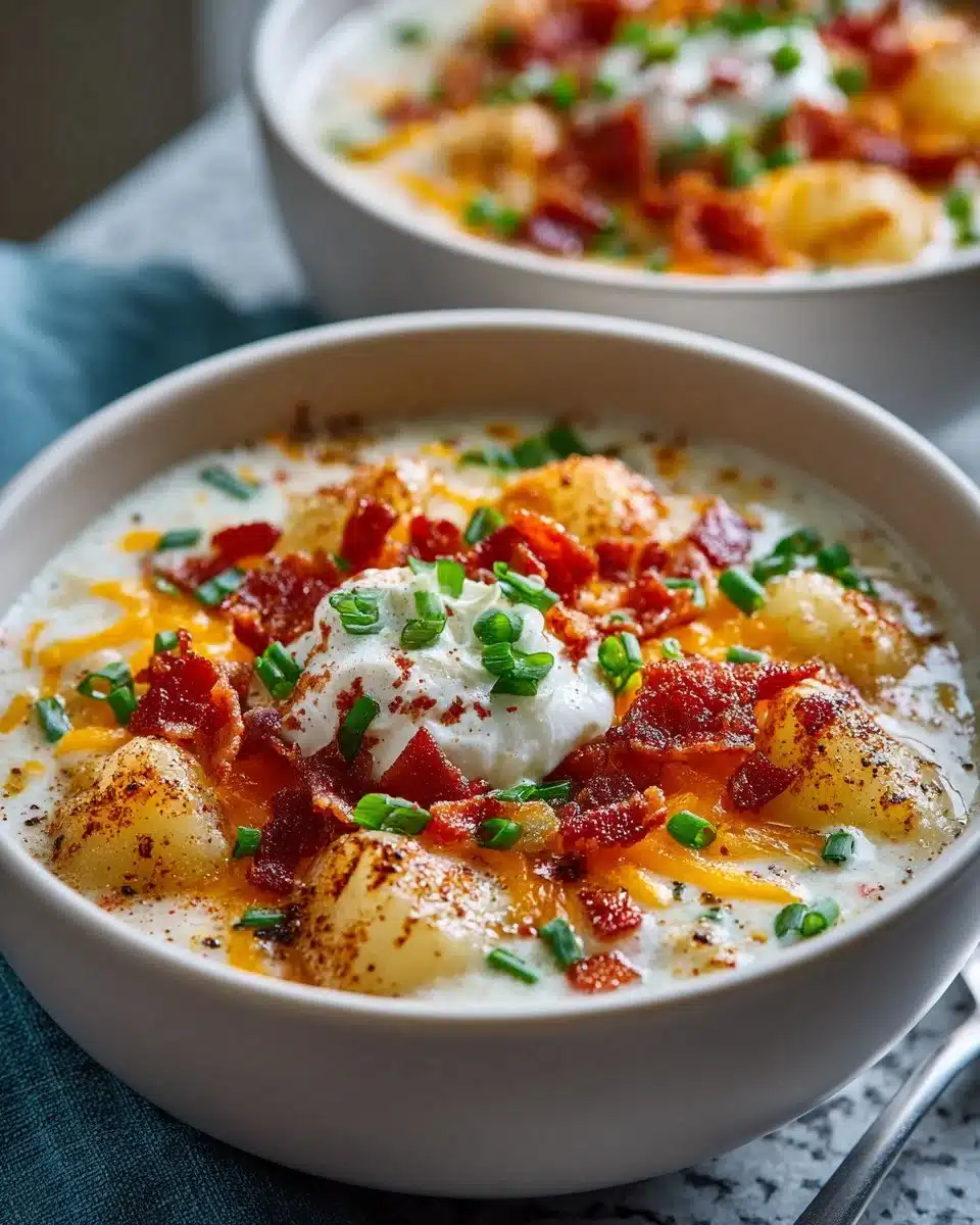 Bowl of delicious Crock Pot Crack Potato Soup garnished with herbs