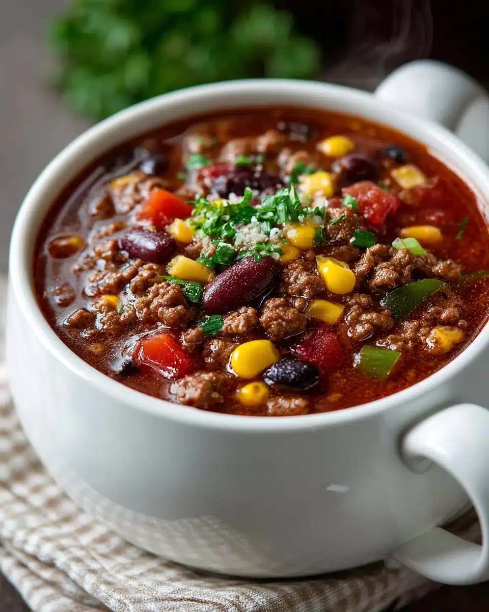 Delicious Crock Pot Taco Soup garnished with cheese and avocado in a bowl