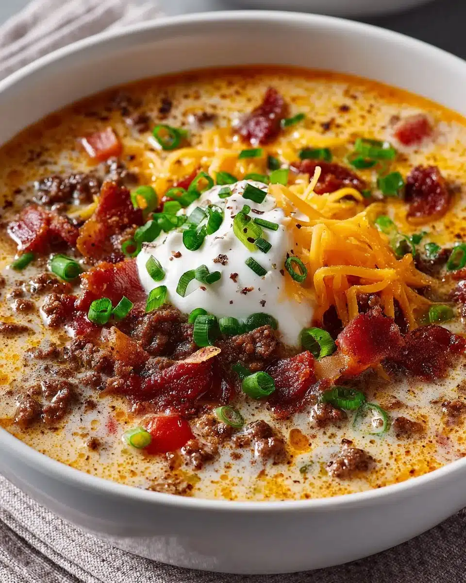 Delicious Crockpot Cheeseburger Soup in a bowl with cheese and toppings