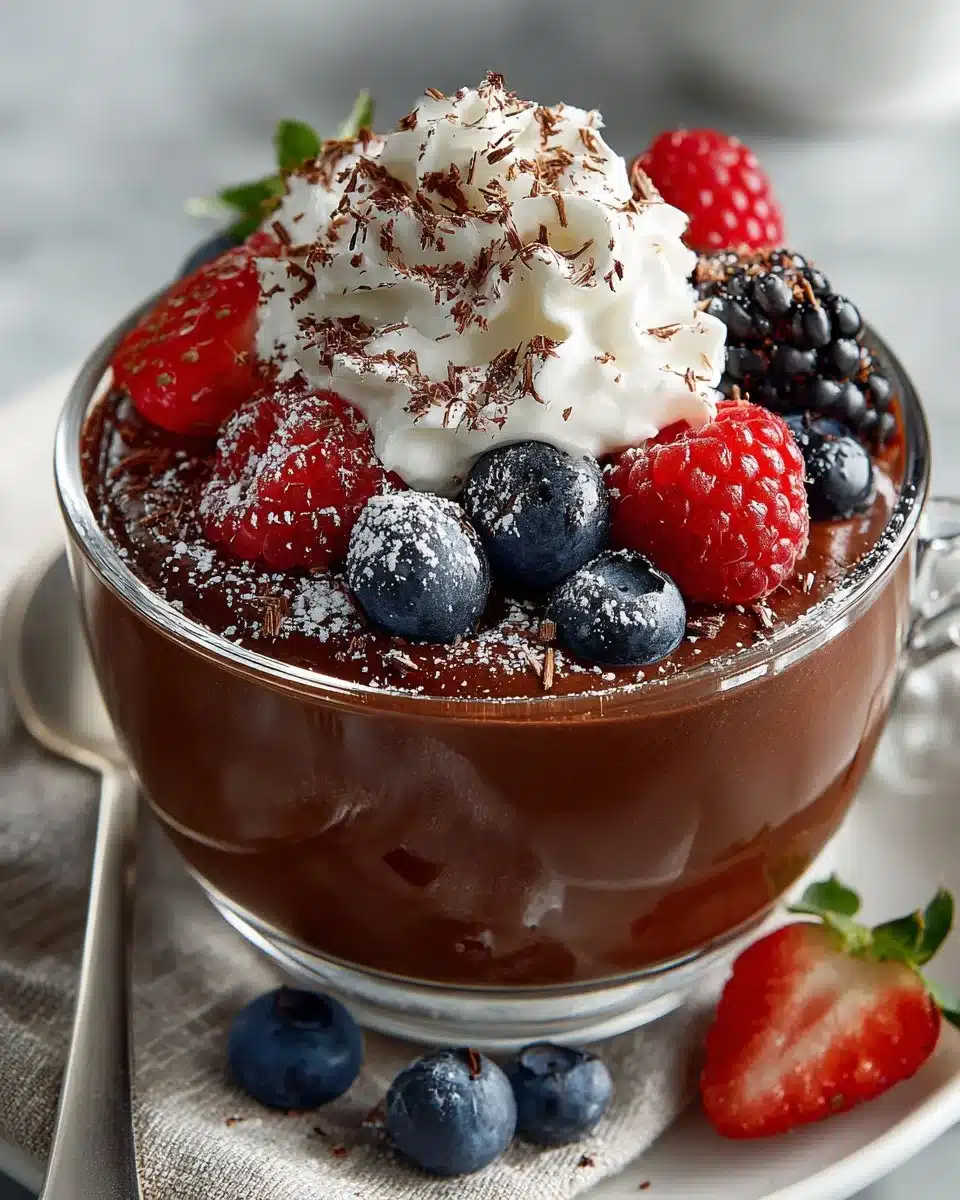 Delicious dark chocolate mousse topped with whipped cream and fresh berries