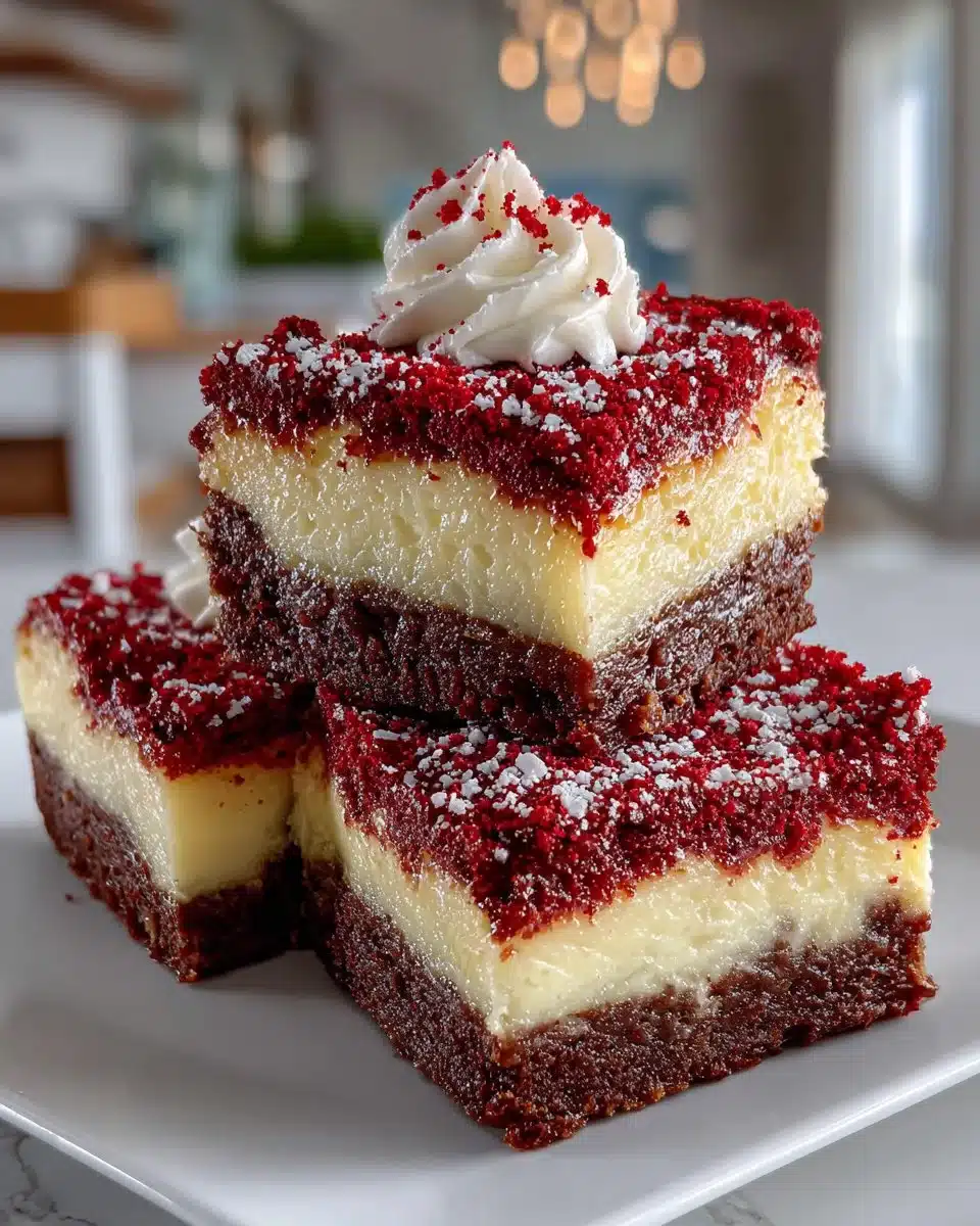 Decadent red velvet cheesecake brownies with cream cheese swirl