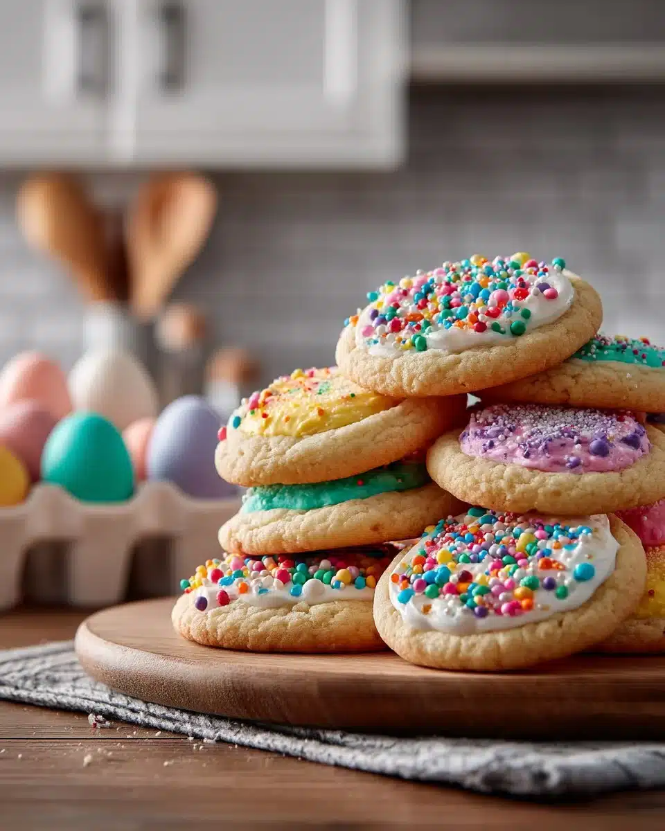 Colorful Easter cookies decorated with icing and festive designs on a table.