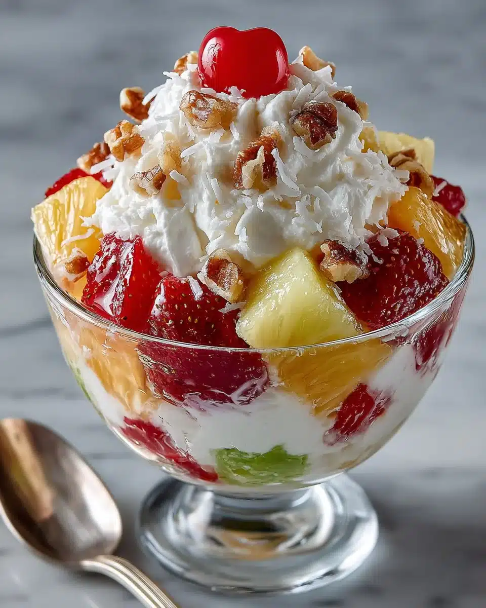 Colorful Easter Fruit Fluff dessert with fresh fruits and creamy topping.