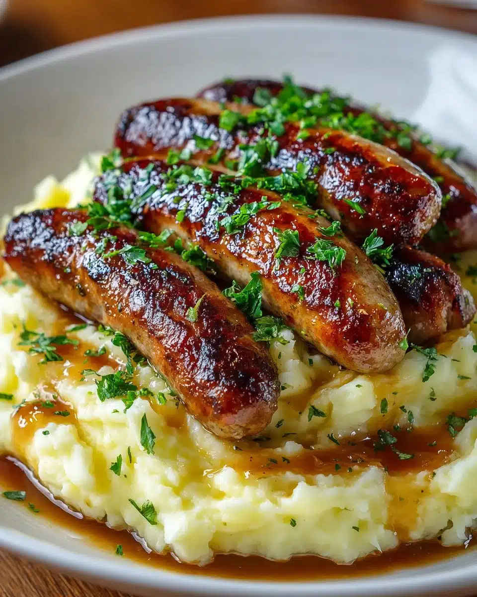 Plate of easy bangers and mash with gravy and peas