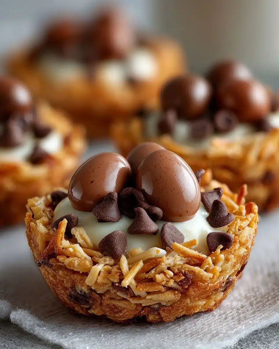 Easy no-bake bird nest cookies topped with chocolate and candy eggs.