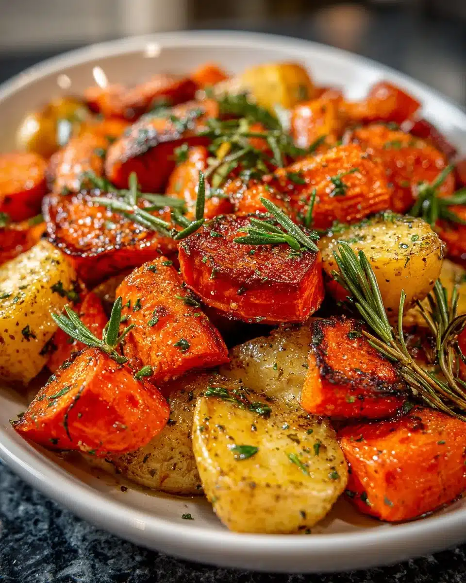 Bowl of easy roasted sweet potatoes and carrots garnished with herbs