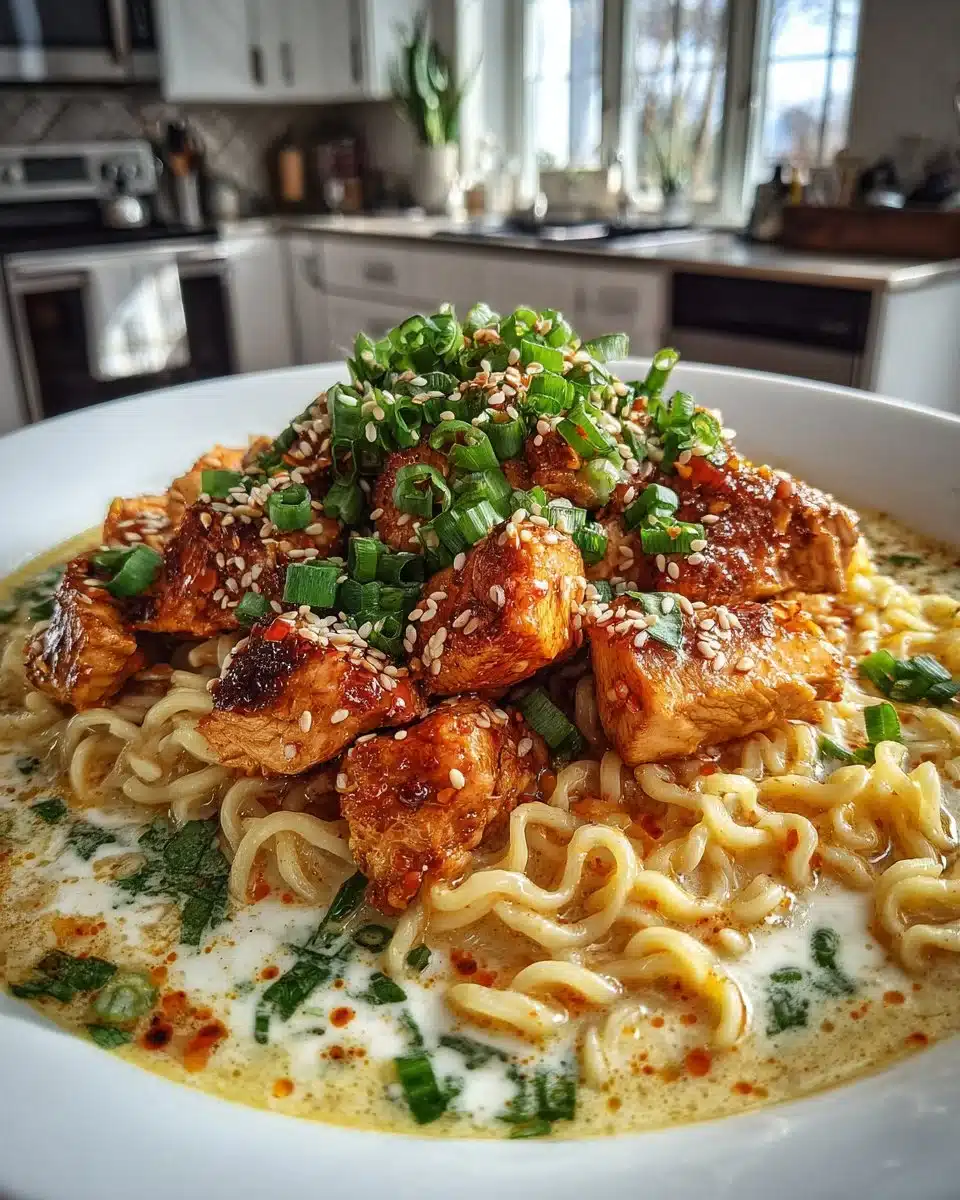 Bowl of fiery chicken ramen topped with creamy garlic sauce and vibrant vegetables